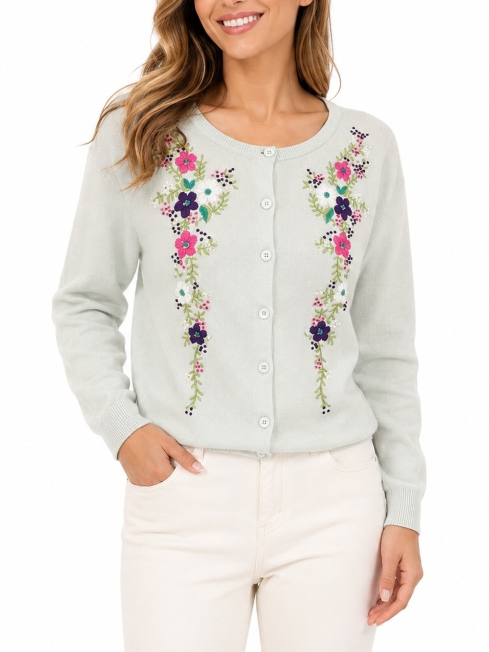 Downeast Basics 100% Cotton Embroidered Floral Cardigan Size L Cottagecore Chic